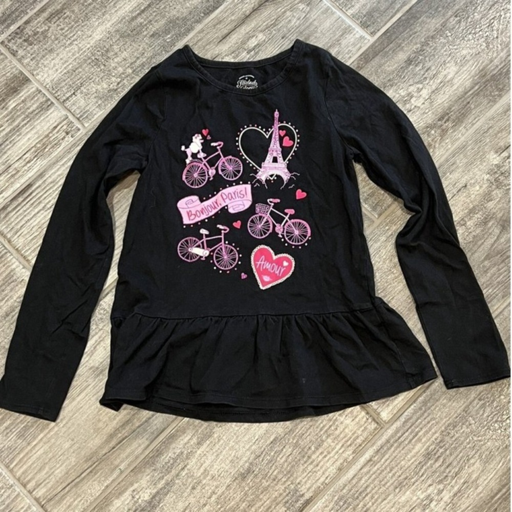 Faded Glory Girls Black Long Sleeve Paris Eiffel Tower Ruffle Trim Shirt Size 8
